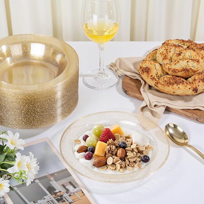 bUCLA 120 Pack Disposable Plastic Bowls - 12oz Clear Gold Glitter Party Bowls for Salads, Desserts, Soups - Premium Disposable for Parties & Thanksgiving
