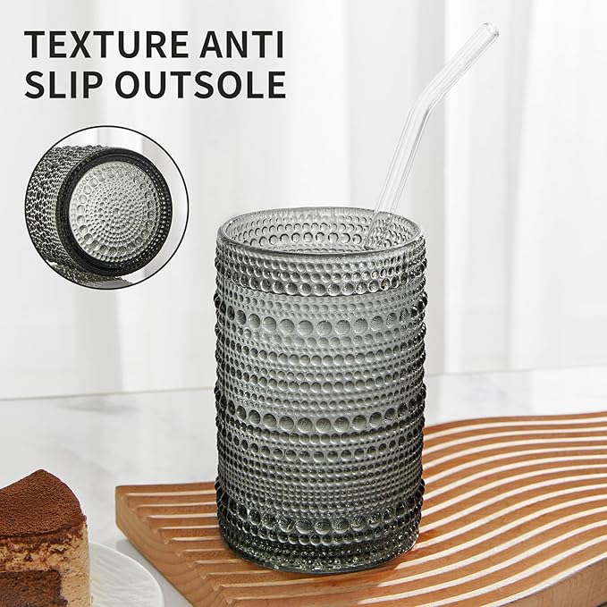 Vintage Hobnail Drinking Glasses Set of 12, 15oz Textured Tumblers - Embossed Grey Bar Glasses for Cocktails, Beer, Whiskey, Dishwasher-Safe Highball Cups for Kitchen, Juice & Mixed Drinks