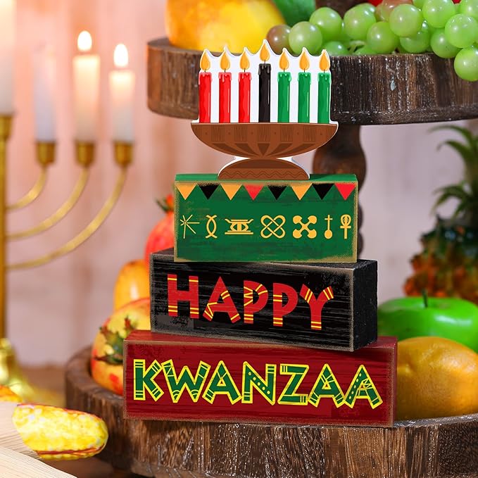 4 Pcs Happy Kwanzaa Table Decorations Kwanzaa Tiered Tray Decor Rustic African Candlestick Wood Block Tabletop Sign Gift Centerpiece Farmhouse Table Decor for Home Office Party Supplies