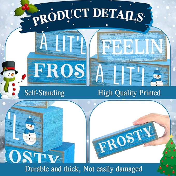 4 Pcs Winter Wooden Tabletop Decor Christmas Snowflake Tiered Tray Decor Rustic Wood Block Sign Gift Winter Centerpiece for Shelf Office Farmhouse Table Frozen Birthday Party Decoration