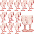 24 Pcs Vintage Wine Glasses, 10 Ounce Colored Glass Water Goblets, Unique Embossed Pattern High Clear Stemmed Glassware Wedding Party Bar Glass Drinking Cups Fancy Wine Glasses Pink Set of 24