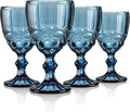 Joeyan Blue Vintage Wine Glasses,Clear Water Goblet Glasses,Stemmed Drinking Glasses with Embossed Pattern,Colored Glassware Set for Wedding Party Banquet Feast,10 oz,Set of 4,Dishwasher Safe