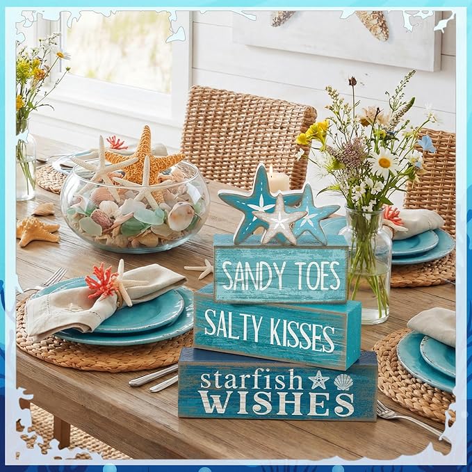 4 Pcs Summer Table Decorations Beach Tiered Tray Decor Starfish Coastal Rustic Wooden Block Sign Stacked Book Nautical Table Centerpiece for Farmhouse Home Living Room Office Desk Shelf Mantel
