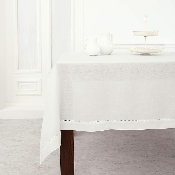 Solino Home Linen Tablecloth for Rectangle Tables 60 x 102 Inch - Classic Hemstitch 100% Pure Linen White Table Cloth - Machine Washable Cloth Tablecloth for Winter, Spring, Easter, Valentines