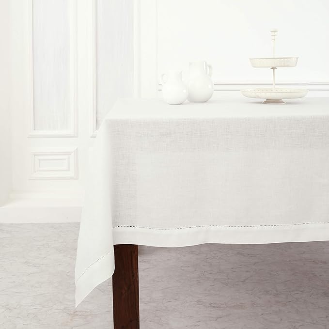 Solino Home White Linen Tablecloth 52 x 52 Inch - 100% Pure Linen Square Table Throw - Classic Hemstitch, Machine Washable Table Cloth for Winter, Valentines, Spring, Easter