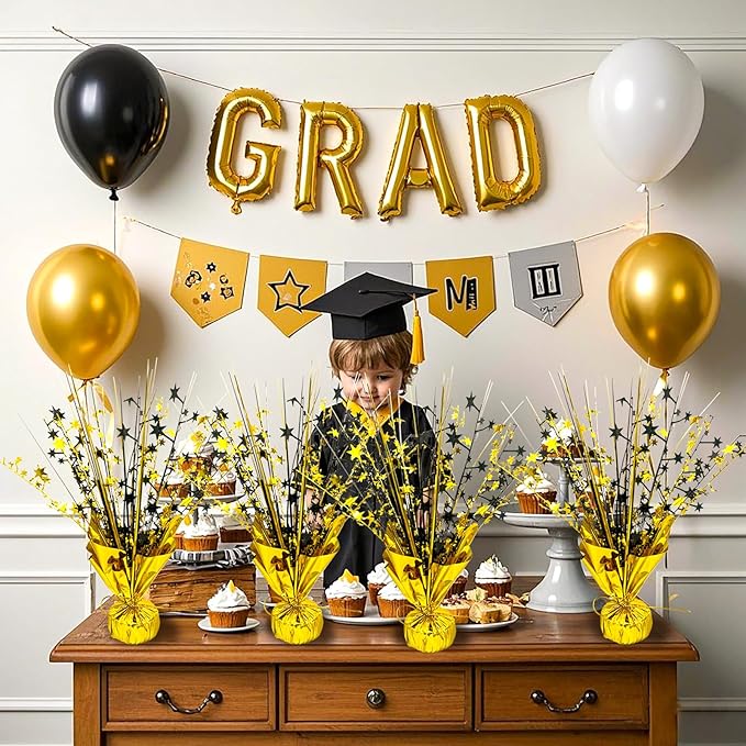 6 Pack 2026 Graduation Table Centerpiece Party Decoration Metallic Foil Spray Centerpiece Glitter Decor Star Tabletop for Graduation New Year Birthday Holiday Party Favor, Black and Gold