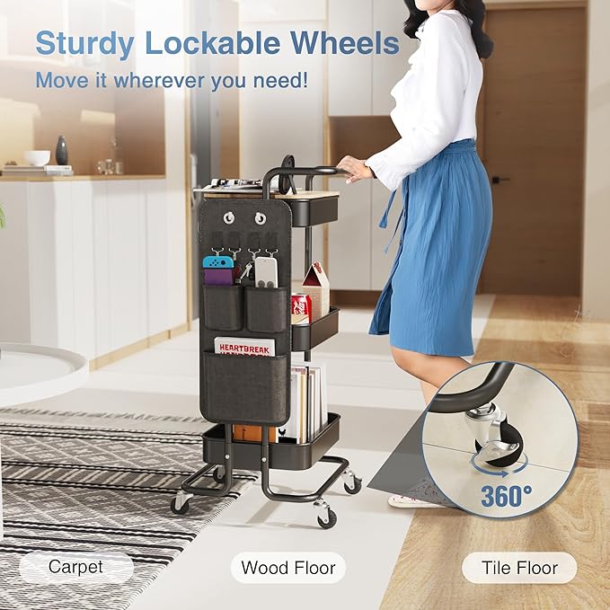 DTK 3 Tier Metal Utility Rolling Cart with Table Top and Side Bags, Tray Storage Organizer Wheels, Art Craft 4 Hooks for Kitchen Bathroom Office Living Room (Black)