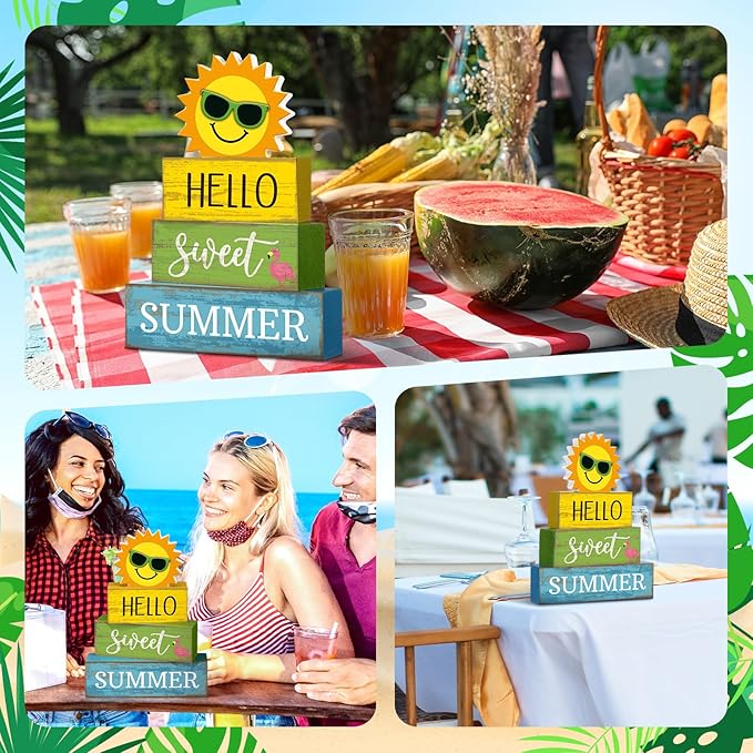 4 Pcs Summer Wooden Tabletop Decor Hello Sweet Summer Tiered Tray Decor Sunshine Centerpiece Rustic Summertime Decorative Block Signs Gift Farmhouse Table Decoration for Home Kitchen