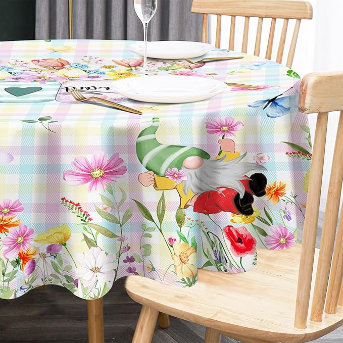 Spring Tablecloth, Rectangle 60 x 120 with Gnome Flowers, Oblong Tablecloth Buffalo Check Plaid Kitchen Table Cover for Dining Room Indoor Decor