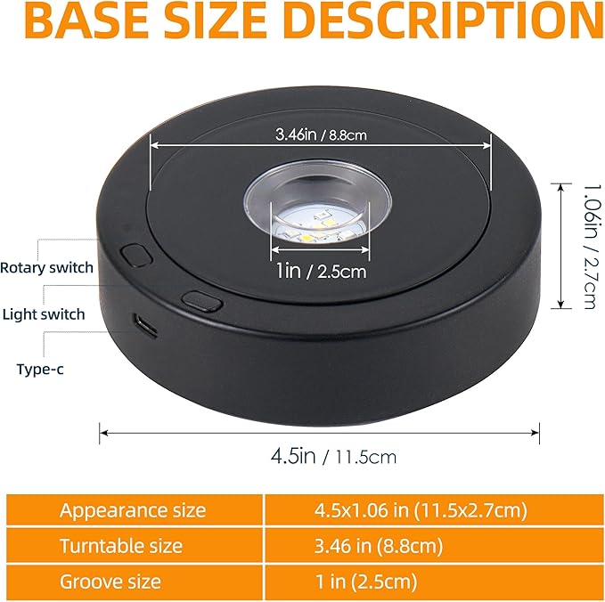 EUSTUMA Rotating LED Display Base Colorful Light Crystal Display Base Stand,Suitable for Glass Crystal Spherical Artwork,Holiday Party Decoration. (Black)