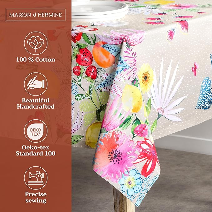 Maison d' Hermine Table Cloth Rectangle Table 100% Cotton 54 x 72 Inches Tablecloth Reusable Decorative for Dining Room Farmhouse Home Valentines Day Decorations Spring Summer - Jardin D'Ete - Fog
