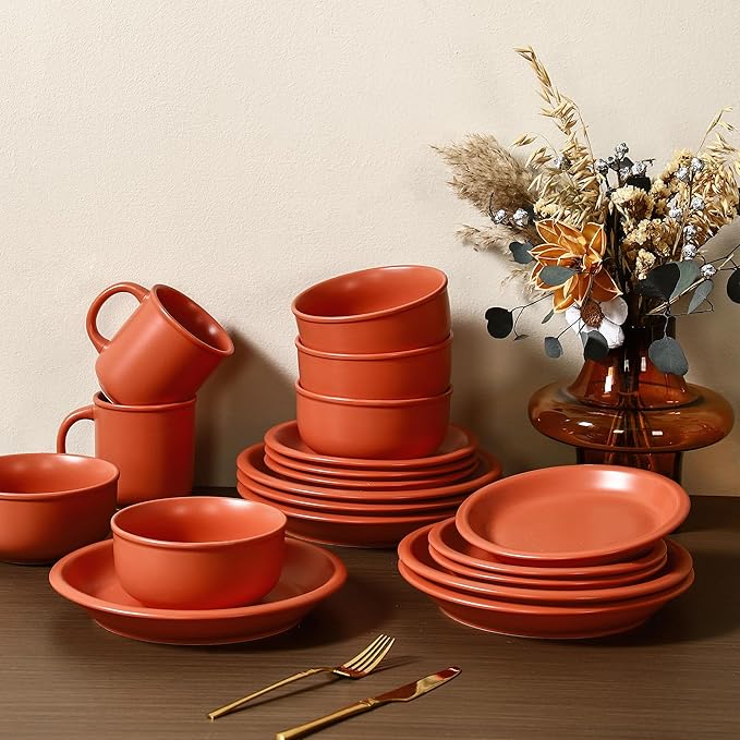 GZG 10.25-Inch Ceramic Dinner Plates Set of 4, Rustic Matte Glaze Terracotta Stoneware Plates for Main Course & Everyday Meals, Microwave & Dishwasher Safe(Terracotta Blush)