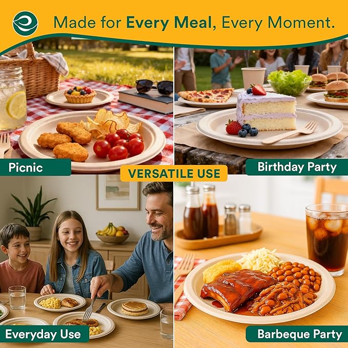ECO SOUL Compostable 9 Inch(500-Pack) Biodegradable Heavy-Duty Disposable Eco-Friendly Paper Plates for Dinner & Parties, Wedding, Event