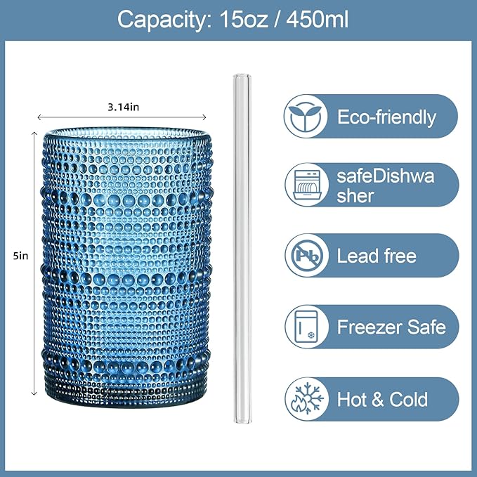 Vintage Hobnail Drinking Glasses Set of 12, 15oz Textured Tumblers - Embossed Blue Bar Glasses for Cocktails, Beer, Whiskey, Dishwasher-Safe Highball Cups for Kitchen, Juice & Mixed Drinks