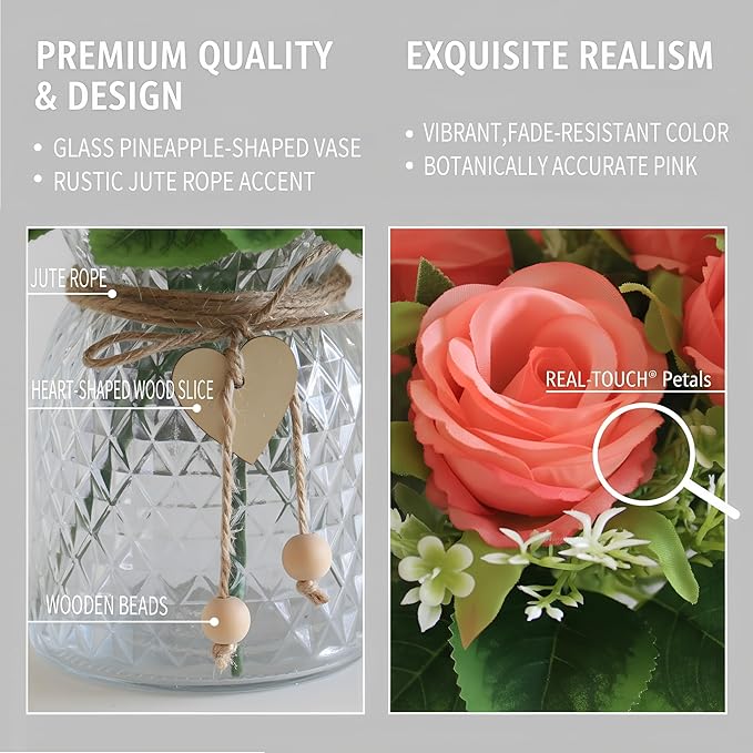 Fake Flowers in Vase,Fake Flowers with Vase 18 Pcs Faux Rose Flowers,Artificial Flowers for Home Decor, Indoor Centerpiece for Living Room & Dining Table (Pink)