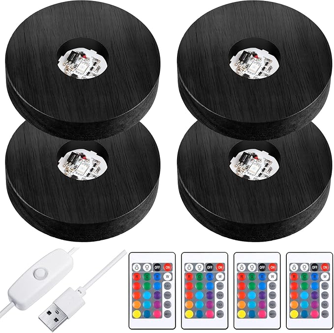Riakrum 4 Pieces Wood LED Display Light Base Crystal Display Base Stand Remote Control Round 16 Lighting Modes Wooden Lighted Holder Colorful Pedestal for Crystal Glass Resin Ball(Black)