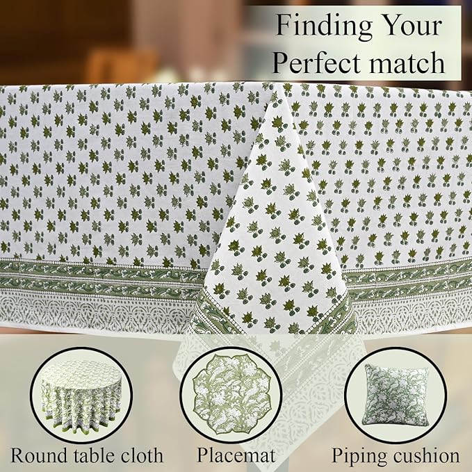 CPC Lotus Meadow Tablecloth 100% Cotton 70x108 Inch Indian Block Print Rectangle Table Cover, Table Cloth for Gifting in Weddings, Halloween, Fall, Christmas, Thanksgiving