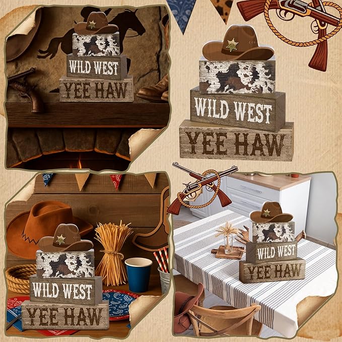 4 Pcs Western Tiered Tray Decorations Set Cowboy Hat Stack Block Signs Desert Farmhouse Rustic Tabletop Tiered Tray Decor for Table Shelf Home Office