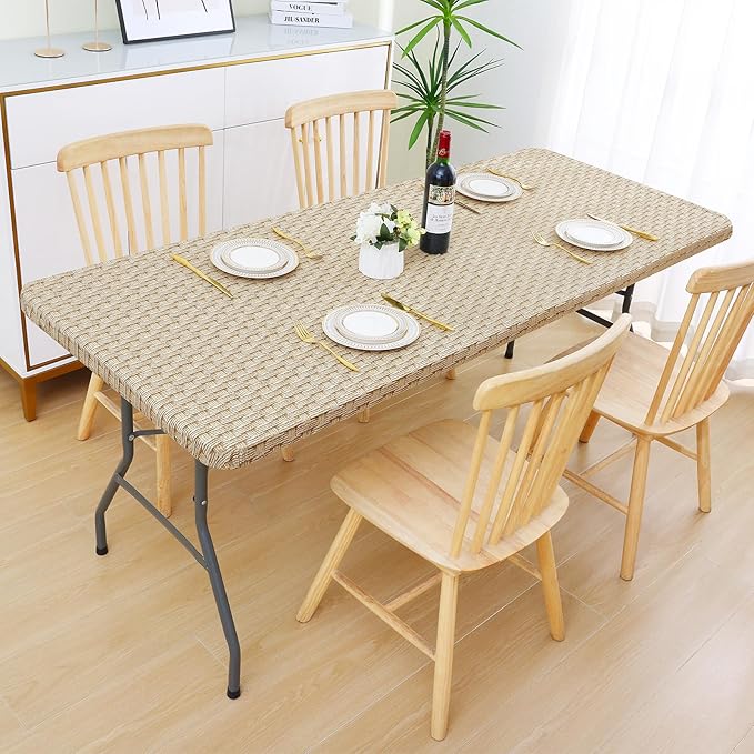 Smiry Rectangle Table Cloth Cover, Waterproof Elastic Fitted Picnic Tablecloth for 4 Foot Tables, Wipeable Flannel Backed Vinyl Tablecloths for Camping, Dining, Outdoor (Sand, 30" x 48")