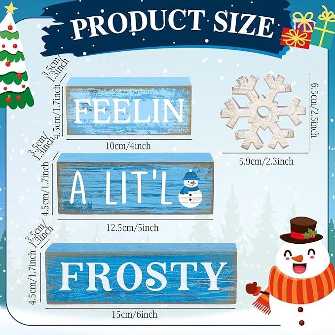 4 Pcs Winter Wooden Tabletop Decor Christmas Snowflake Tiered Tray Decor Rustic Wood Block Sign Gift Winter Centerpiece for Shelf Office Farmhouse Table Frozen Birthday Party Decoration