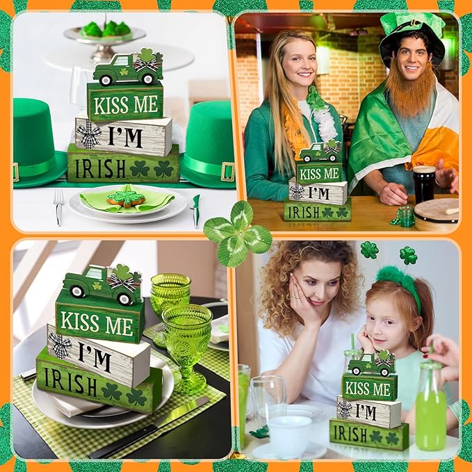 4 Pcs St Patricks Day Decorations Lucky Shamrock Wooden Sign Truck Table Centerpiece St Patricks Day Tiered Tray Decor Decorative Faux Book Stack Block for Fireplace Mantel Floating Shelf