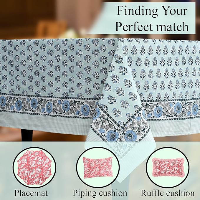 CPC Tablecloth 100% Cotton 70x108 Inch Indian Block Print Rectangle Table Cover, Washable Table Cloth for Weddings, Spring/Summer, Barbeque - Poppy Blue