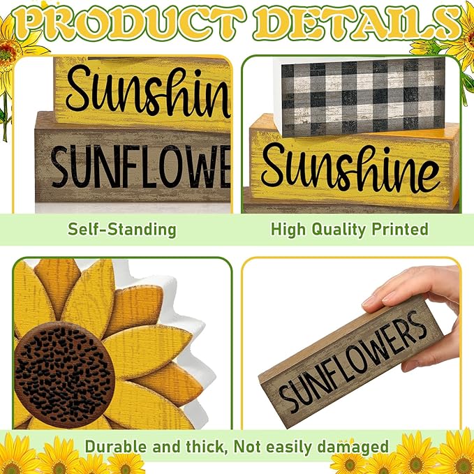 4 Pcs Sunflower Decorations Sunflower Wooden Sign Sunshine Table Centerpiece Summer Tiered Tray Decor Decorative Faux Book Stack Block for Coffee Table Fireplace Mantel Floating Shelf