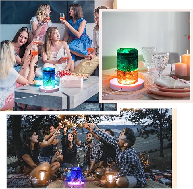 2 Pcs Light LED Base Wood LED Display Base for Glass Art Valentine Decor Crystal Acrylic Resin, 16 Colored USB Light with Remote Wooden Round Lamp Stand for 3D Crystal Ball Room Home Decor(Pink)