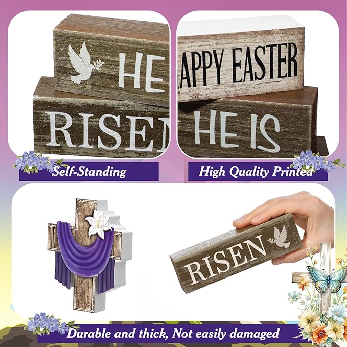 4 Pcs Easter Decorations He Is Risen Wooden Sign Christian Table Centerpiece Religious Cross Tiered Tray Decor Decorative Faux Book Stack Block for Table Fireplace Mantel Floating Shelf
