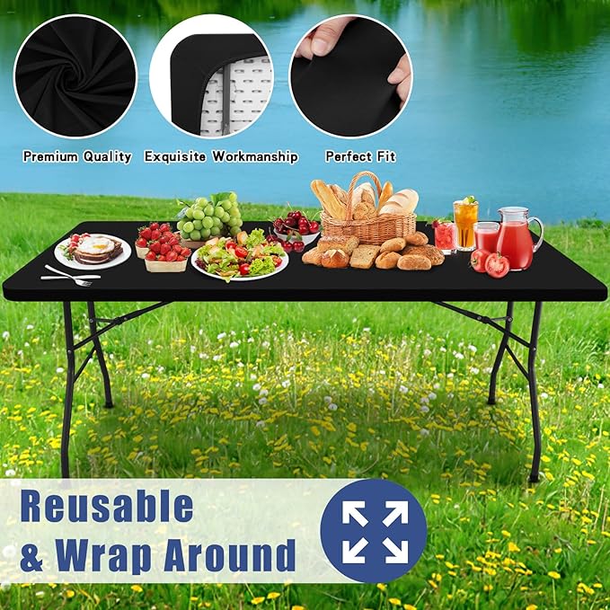 Spandex 8 Foot Rectangle Table Cloth 2 Pack, Elastic Fitted Tablecloths for Picnic, Stretch Washable Patio Table Cover for Outdoor, Camping, Banquet and Parties (Black, 30"x96")