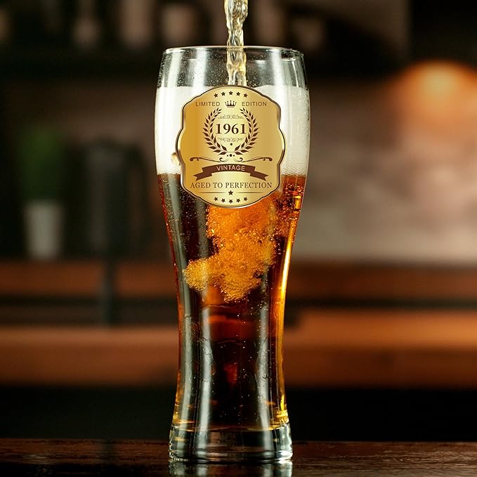 65th Birthday Beer Glasses Gifts, Personalized '1961' Vintage Glass Ware Set for Men, Black Gift Package with Drinking Glass, Coaster, and Card for 65 Years Old Man