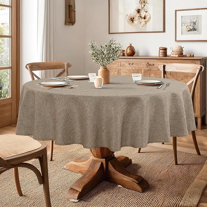 JIUZHEN Faux Linen Round Tablecloths 102 inch, Decorative Wrinkle Free Texture Rustic Circle Table Cloth Cover for Kitchen, Dining, Party, Wedding, Outdoor Use (102 Inch Round,Khaki)