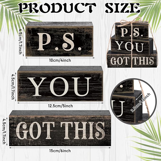4 Pcs Farmhouse Motivational Wooden Tabletop Decor P. S. You Got This Inspirational Tiered Tray Decorations Rustic Gift Block Sign Centerpiece for Home Kitchen Shelf Office Desk Black Decor