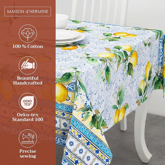Maison d' Hermine Table Cloth Square Table 100% Cotton 54 x 54 Inches Tablecloth Reusable Decorative for Dining Room Farmhouse Home Valentines Day Decorations Spring Summer - Citrus