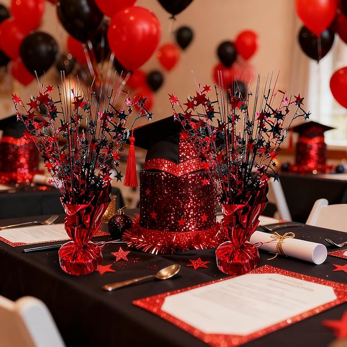 6 Pack 2026 Graduation Table Centerpiece Party Decoration Metallic Foil Spray Centerpiece Glitter Decor Star Tabletop for Graduation New Year NYE Birthday Casino Party Favor, Red and Black