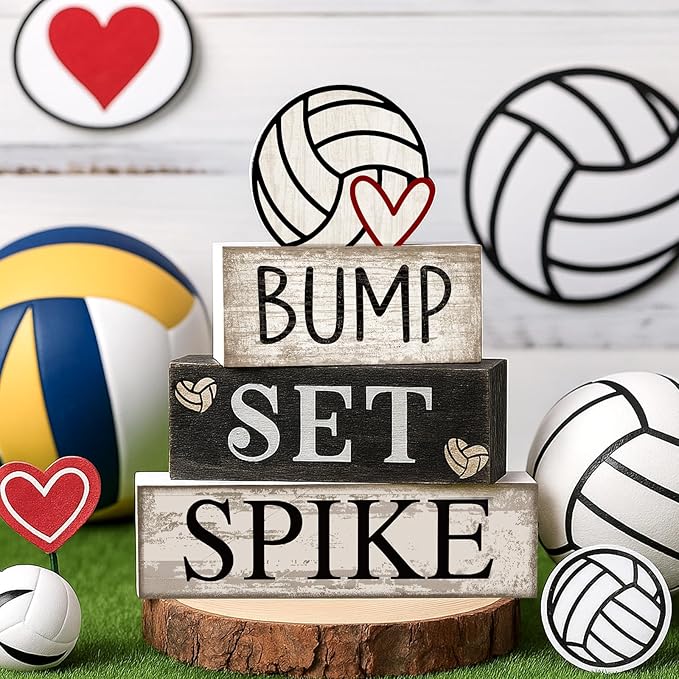 4 Pcs Volleyball Table Decorations Volleyballs Tiered Tray Decor Wooden Sign Centerpiece Farmhouse Decorative Faux Book Stack Block for Room Shelf Coffee Table Fireplace Mantel Shelf