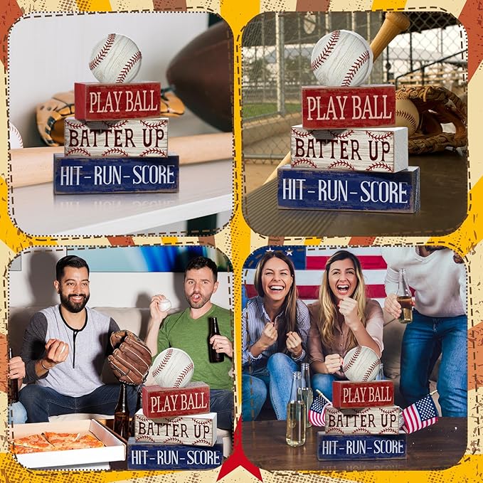 4 Pcs Baseball Decorations Sports Wooden Sign Baseball Centerpieces for Tables Tiered Tray Decor Decorative Mini Faux Book Stack Block for Bedroom Boys Room Party Coffee Mantel Shelf