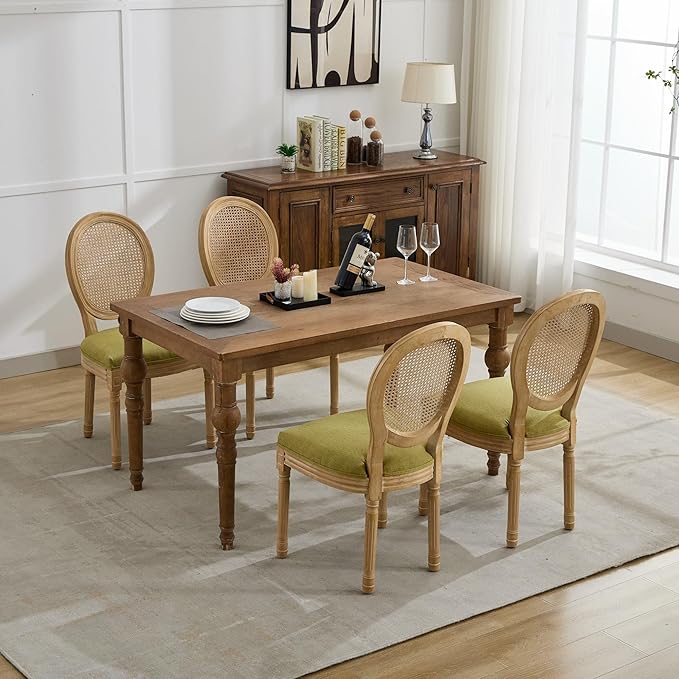 Vintage French Rattan Dining Chairs Set of 2, Round Back Accent Chairs with Rattan Backrest and Upholstered Linen Seat, Solid Frame Wood Sillas de Comedor for Dining Room & Kitchen, Olive Green