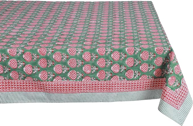 ATOSII Roma Green100% Cotton Rectangle Summer Tablecloth, Block Print Floral Linen Table Cloth for Dining Table Parties Wedding Outdoors I Grand Millennial Decor 60 X 90 Inches 6 Seater I Memorial Day