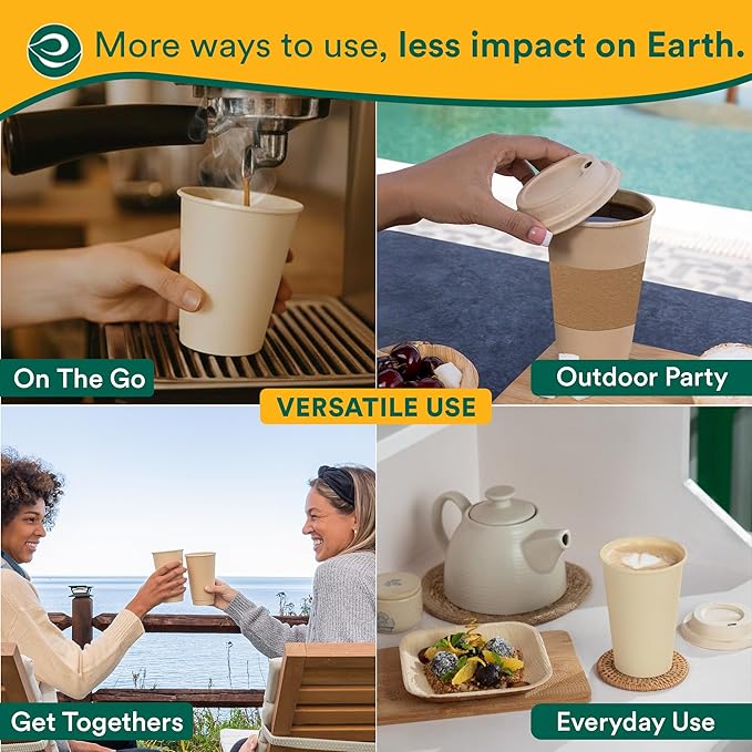 ECO SOUL 25 Pack 16 oz Disposable Coffee Cups with Lids & Sleeves Eco-Friendly, Biodegradable, Compostable, Leak-free & Sturdy To Go Hot Drink Cup for Tea, Chocolate Party Travel Cafe Office & Home