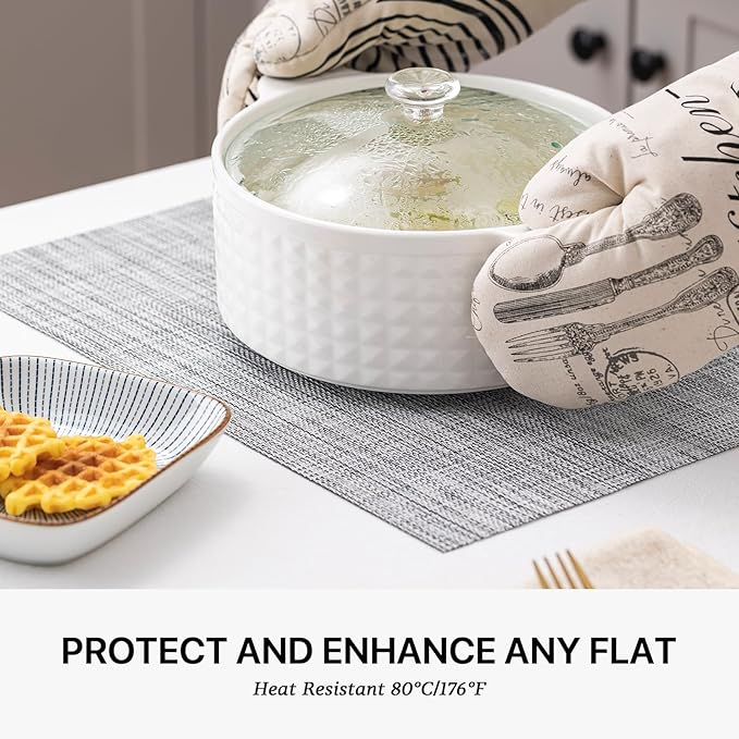 LEXMORE PlaceMats Set of 12 Vinyl/Plastic Woven Place Mats for Kitchen Table Indoor/Outdoor Washable PlaceMat Wipeable Dining Table Mats(Gray)