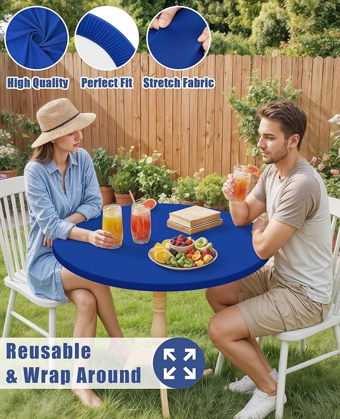 Round Spandex Tablecloth, Elastic Fitted Waterproof Tablecloths for 18"-24" Tables, Stretch Washable Picnic Table Cover for Camping, Dining, Indoor and Outdoor, Blue