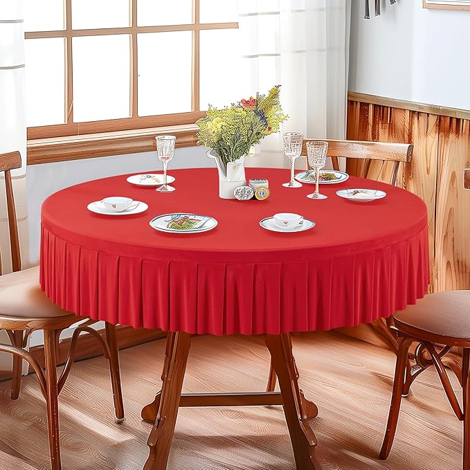 2 Pack Red Spandex Round Tablecloths for 72in Table, Stretchy Fitted 6FT Round Table Cloths, Wrinkle Free Table Cover with Skirt for Wedding Birthday Party Bridal Shower Banquet