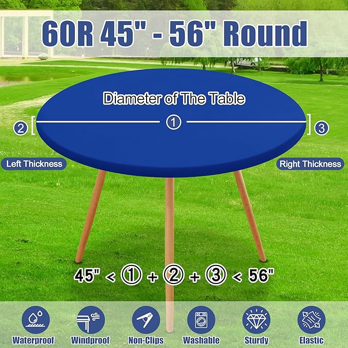 Round Spandex Tablecloth 2 Pack, Elastic Fitted Waterproof Tablecloths for 45"-56" Tables, Stretch Washable Picnic Table Cover for Camping, Dining, Indoor and Outdoor, Blue