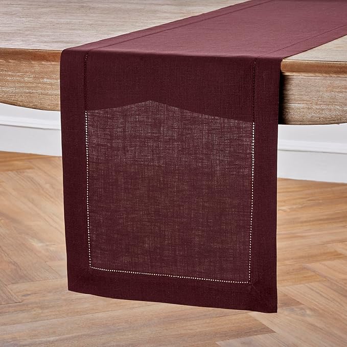 Solino Home Linen Burgundy Table Runner 72 Inches Long - 100% Pure Linen Hemstitch Table Runner 14 x 72 Inch for Dresser, Dining, Winter, Valentines - Classic Hemstitch