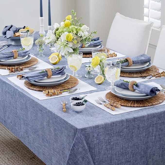 Solino Home Linen Tablecloth 60 x 144 Inch - 100% Pure Linen Chambray Indigo Table Cloth for Rectangle Tables - Athena, Machine Washable Tablecloth for Spring, Easter