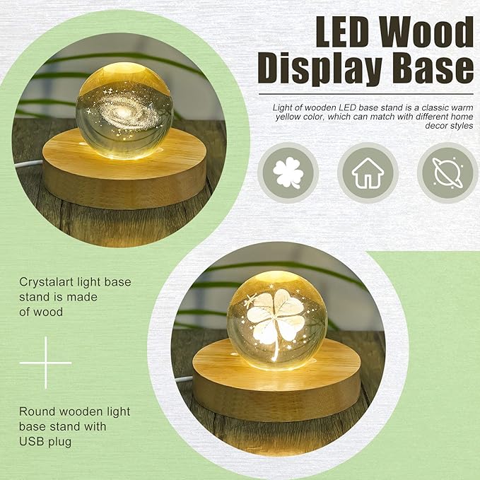 Honoson 8 Pcs Wooden LED Display Base Lighted Base for Crystal Art Wood Display for Glass Art 3D Crystal Warm Light(Round Surface Style)