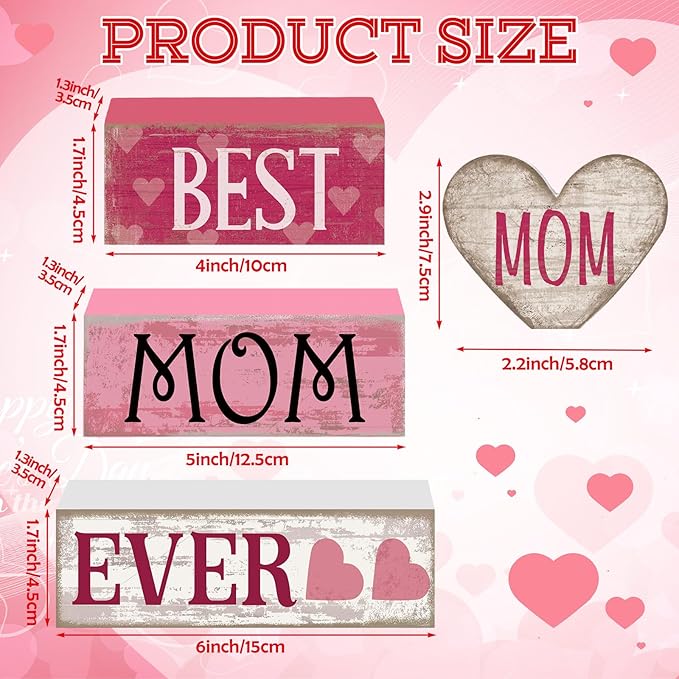 4 Pcs Mothers Day Table Decorations Mothers Day Tiered Tray Decor Mom Wooden Sign Mothers Day Centerpiece Decorative Faux Book Stack Block for Coffee Table Fireplace Mantel Floating Shelf