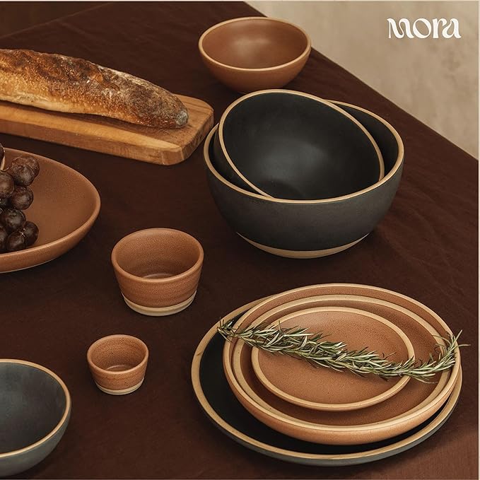 MORA Large Plates Set of 4, 10.5 inch Ceramic Pottery Dinner Plates - Microwave, Oven and Dishwasher Safe - Liquorice