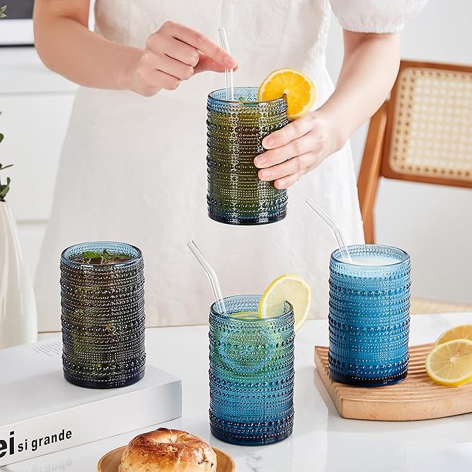 Vintage Hobnail Drinking Glasses Set of 12, 15oz Textured Tumblers - Embossed Blue Bar Glasses for Cocktails, Beer, Whiskey, Dishwasher-Safe Highball Cups for Kitchen, Juice & Mixed Drinks